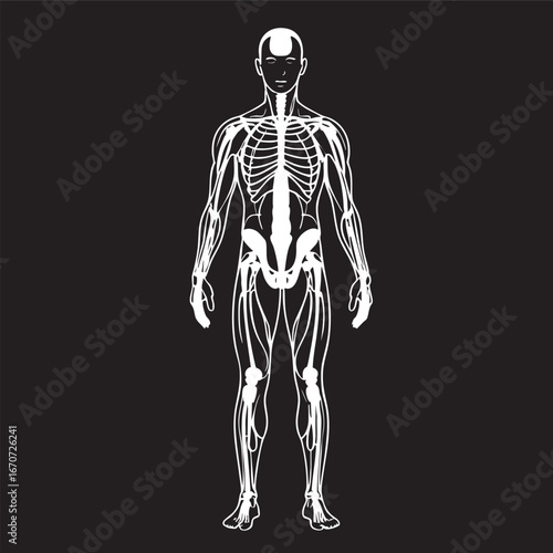 Minimalist Human Body Outline with Anatomical Landmarks on Dark Blue Background for Medical and Educational Materials