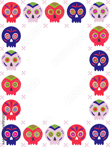 sugar skulls dia de los muertos frame mexican holiday day of the dead greeting card background border vibrant celebration