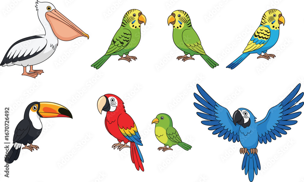 Naklejka premium Cartoon vector illustration of exotic tropical birds including parrots, pelican, toucan, budgies, and macaw characters isolated on white background.