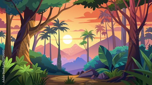 rainforest or tropical forest at sunset time scene