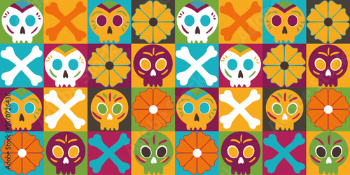 contemporary mexican dia de los muertos vector seamless pattern with colorful sugar skulls flowers and bones block squares for festival wallpaper