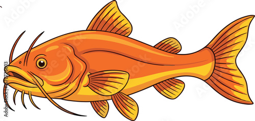 Colorful cartoon catfish illustration with detailed fins and whiskers, bright orange vector drawing, isolated aquatic animal artwork for design
