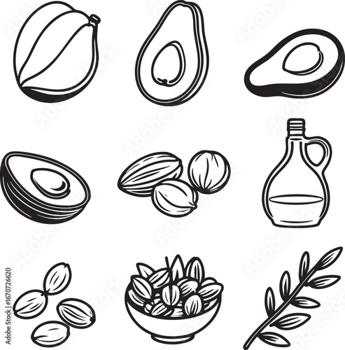 Healthy fats food sources outline icon set. Minimalist monoline illustration with avocado salmon nuts olive oil and seeds for nutrition materials.
