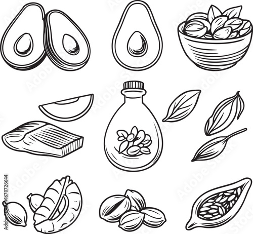 Healthy fats food sources outline icon set. Minimalist monoline illustration with avocado salmon nuts olive oil and seeds for nutrition materials.