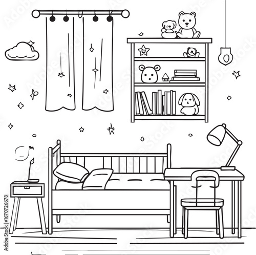 Children's Bedroom Elements Outline Set. Minimalist Line Drawing of Kids Room Furniture and Decor Items Vector Illustration for Interior Design.