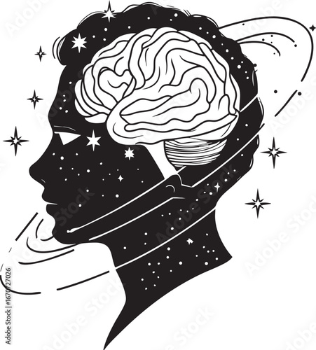 Curious imagination outline. Minimalist black and white vector with stars orbiting human head.