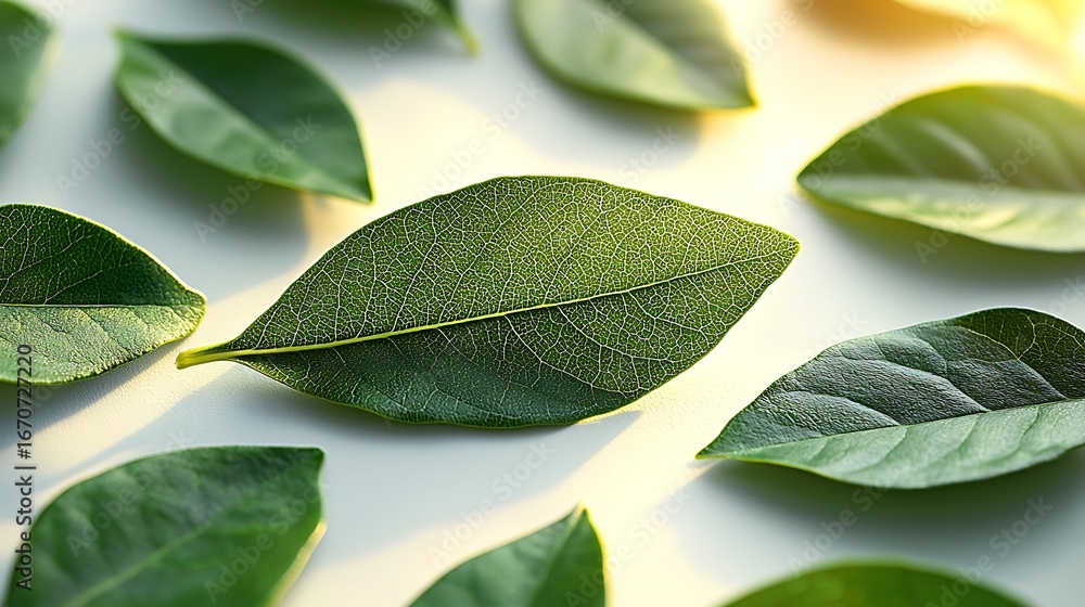 Obraz premium Natural fresh green leaves arranged on a white background for visual appeal image