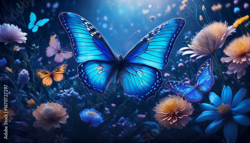 colorful blue butterflies and flowers fantasy artwork digital art dark background artistic perspective nature inspiration