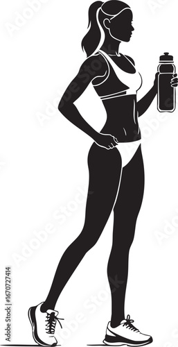 Athletic woman with water bottle outline. Minimalist fitness silhouette for women's sports branding and hydration content.