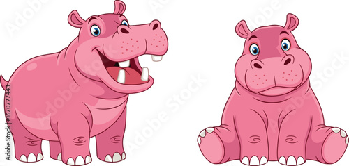 Cute cartoon hippopotamus characters illustration standing and sitting, happy pink hippo animal mascot vector design for kids wildlife clipart