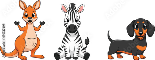 Cute cartoon kangaroo, zebra, and dachshund dog vector illustration set perfect for kids, stickers, t-shirts, posters and nursery art