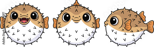 Cute Cartoon Pufferfish Vector Set - Adorable Spiky Blowfish Characters for Educational, Kids Designs, Sea Life, and Illustration Projects
