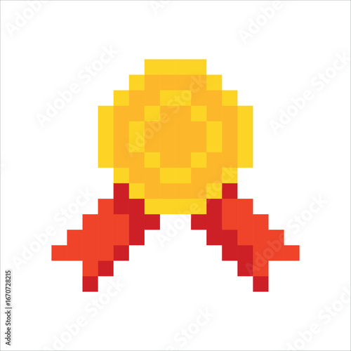 Coin. Gold medal. Wine. Game elements. Retro 8 bit icons for old school platformer video game. Pixel art. Vector illustration isolated on white background.