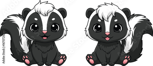 Cute cartoon skunk vector illustration set, adorable baby skunks with big eyes, perfect for kids designs, stickers, t-shirts, and nursery art