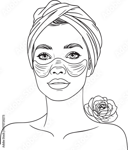Anti-aging mask treatment outline vector of woman in towel headband