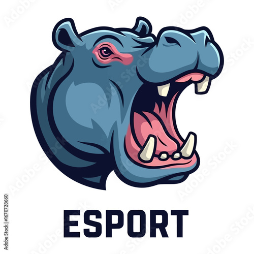 Esport Hippo Mascot Illustration: A vibrant and playful mascot design, featuring an expressive hippo with its mouth agape, exuding energy, and perfect for representing esports teams.
