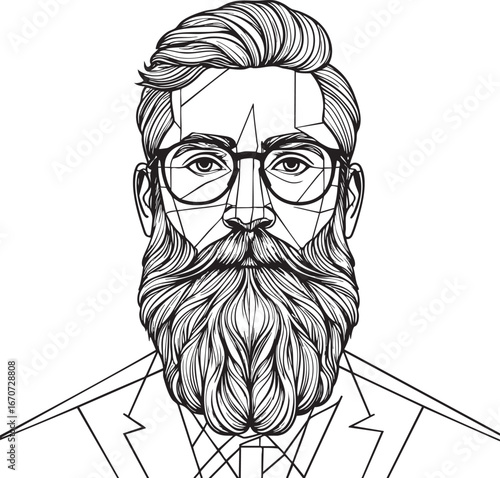 Modern dad portrait in geometric line art style. Minimalist male outline with beard and glasses contemporary vector illustration.