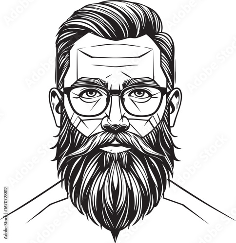 Modern dad portrait in geometric line art style. Minimalist male outline with beard and glasses contemporary vector illustration.