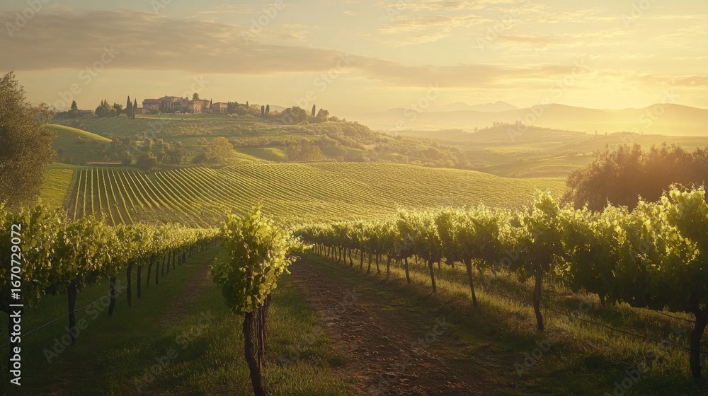 Fototapeta premium Exploring serene vineyard rows countryside landscape photography tranquil environment wide-angle view peaceful nature retreat
