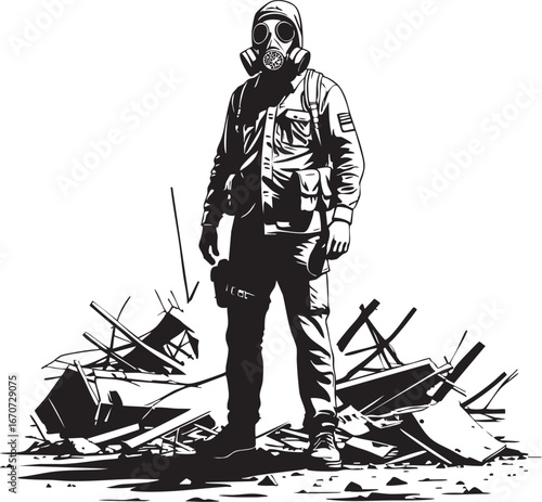 Gas mask survivor outline vector. Minimal post-apocalyptic motif of lone figure.