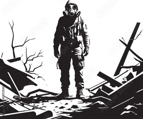 Gas mask survivor outline vector. Minimal post-apocalyptic motif of lone figure.