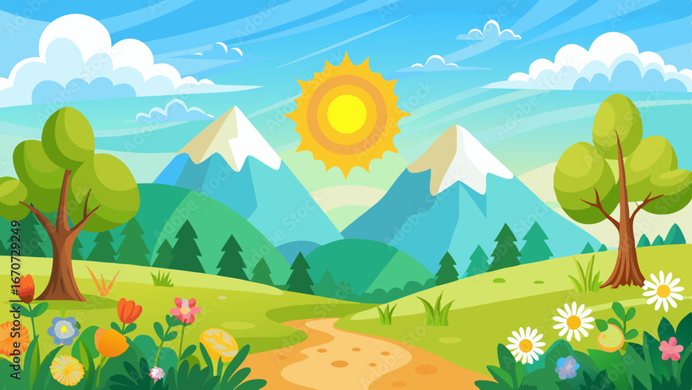 Fotobehang Zeegroen sunny spring landscape vector background #1670729249