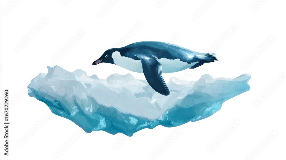 Obraz premium Penguin gliding across an ice floe isolated environment animal behavior arctic landscape aerial view nature concept