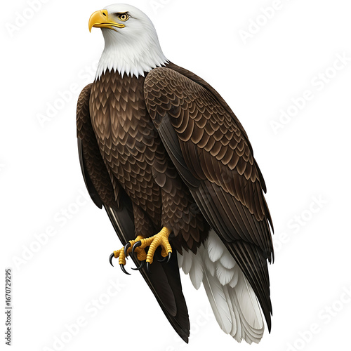 A majestic bald eagle perched with piercing gaze and sharp talons on a white isolated background