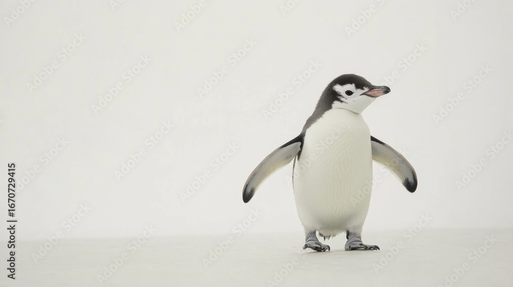 Fototapeta premium Waddling penguin across a white background animal photography studio environment playful scene