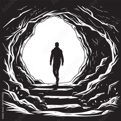 From fear to light outline. Symbolic transition in minimalist black and white vector style.