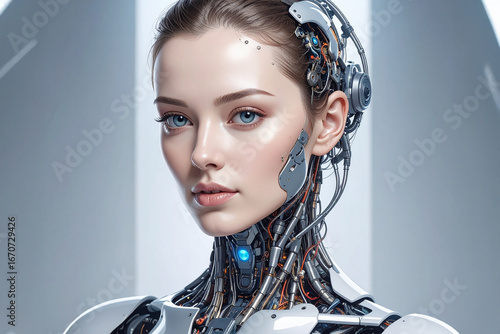 Futuristic female cyborg portrait with digital elements.