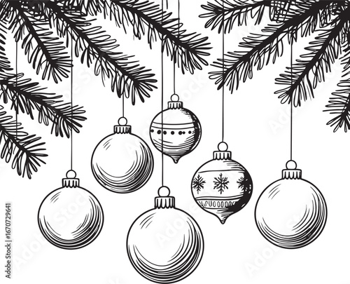 Christmas baubles on pine branches outline. Minimalistic black line art of festive ornaments hanging from tree vector design.