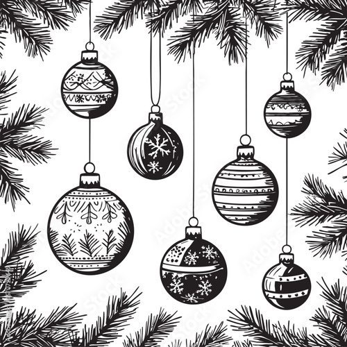Christmas baubles on pine branches outline. Minimalistic black line art of festive ornaments hanging from tree vector design.