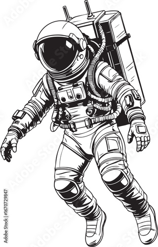 Astronaut exosuit outline. Concept sketch in minimal line art with satellite backpack.