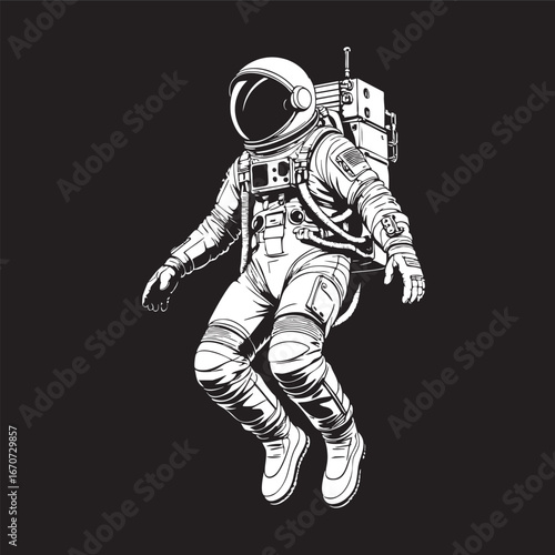 Astronaut exosuit outline. Concept sketch in minimal line art with satellite backpack.