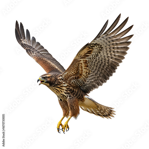 A striking image of a hawk in full flight against a stark white background showcasing its wingspan and talons