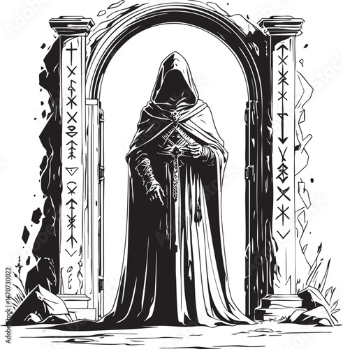 Mysterious portal outline. Fantasy concept with cloaked figure and glowing runes.