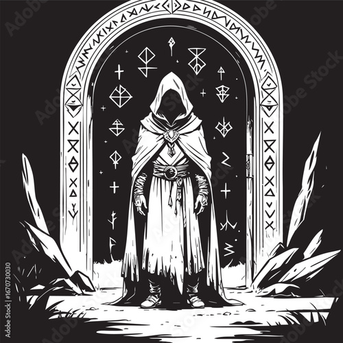 Mysterious portal outline. Fantasy concept with cloaked figure and glowing runes.