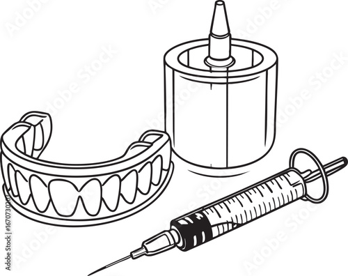 Outline dental whitening tray and gel syringe cosmetic oral care vector