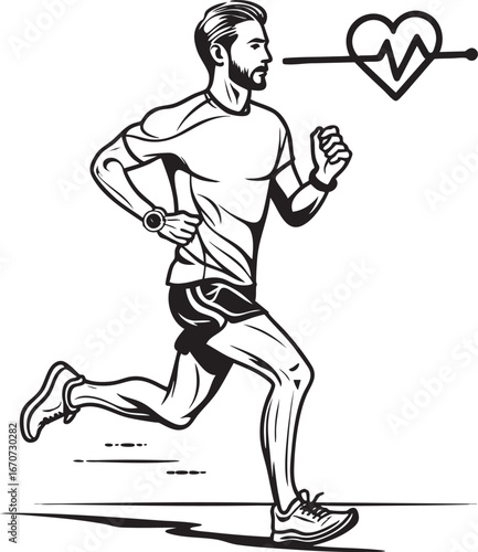 Running and cardio outline vector with stopwatch and heart rate symbols