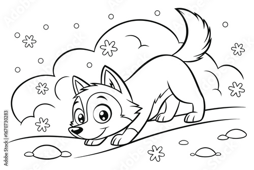  black and white cartoon illustration of a husky puppy playing in the snow