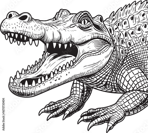 Crocodile outline vector. Intricate black and white illustration with textured scales