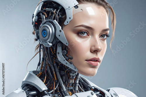 Futuristic female cyborg portrait with digital elements.