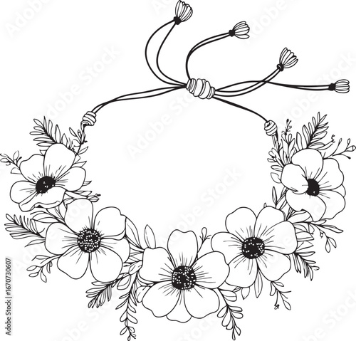 Bridesmaid flower bracelet outline. Minimalist black and white vector of wedding bouquet accessory.