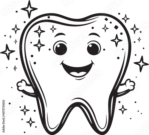Happy tooth character outline vector. Fun dental health cartoon for kids and education.