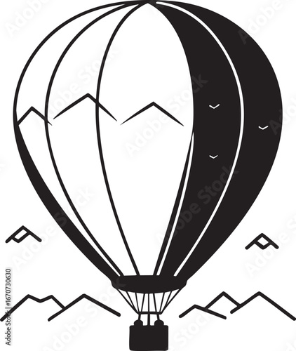 Hot air balloon adventure outline. Minimalistic line art of flying balloon over mountains black and white vector.