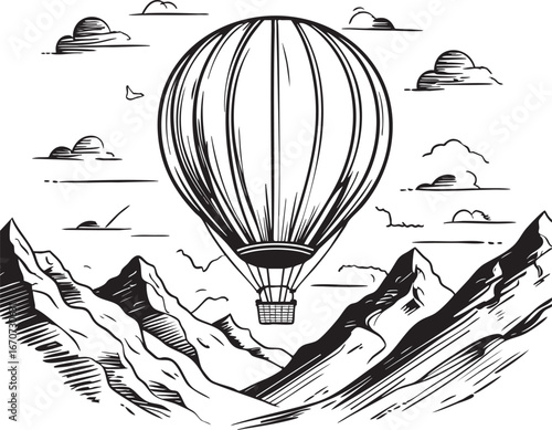 Hot air balloon adventure outline. Minimalistic line art of flying balloon over mountains black and white vector.