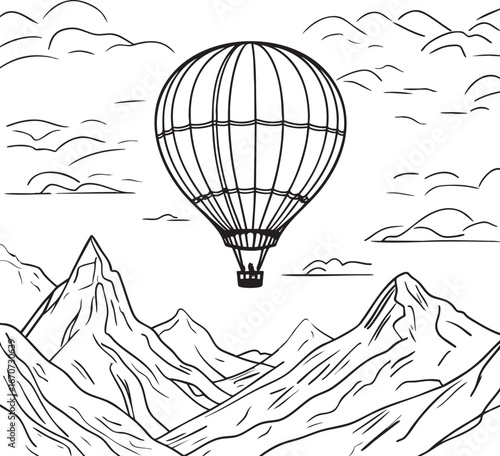 Hot air balloon adventure outline. Minimalistic line art of flying balloon over mountains black and white vector.