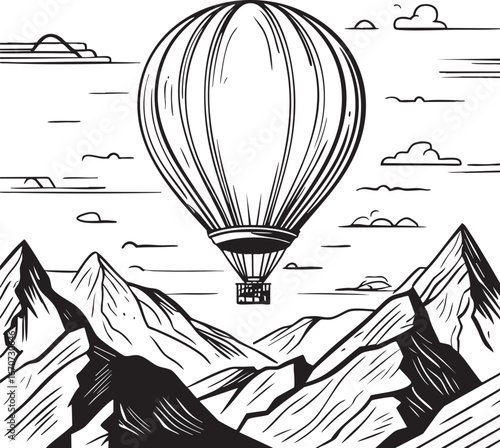 Hot air balloon adventure outline. Minimalistic line art of flying balloon over mountains black and white vector.