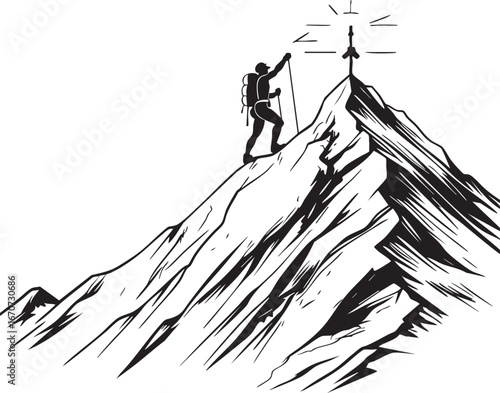 Mountain climber outline. Minimalist vector of perseverance achievement and willpower.